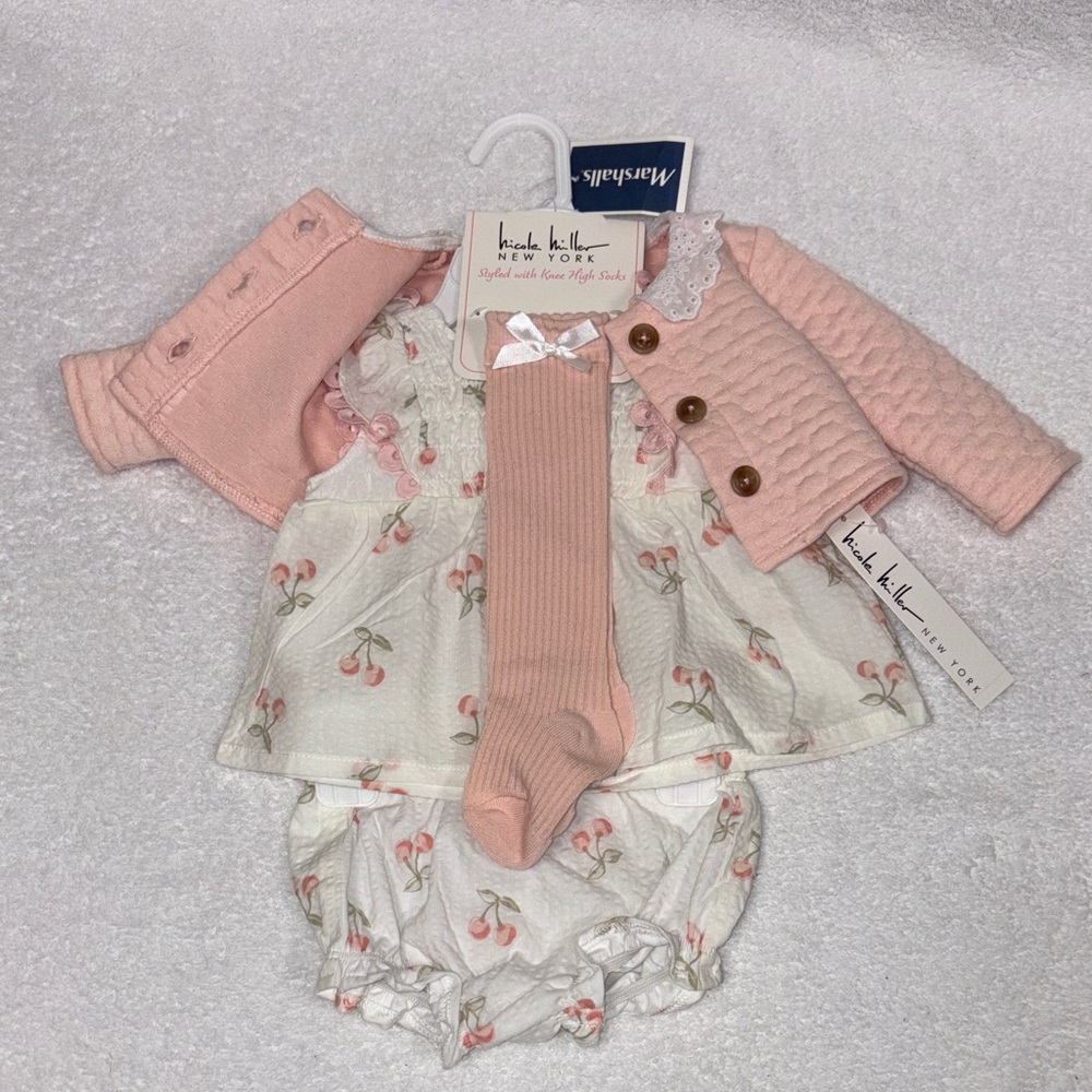 NWT Nicole Miller peach cream Cherry Print Baby Set sundress socks sweater 0/3m